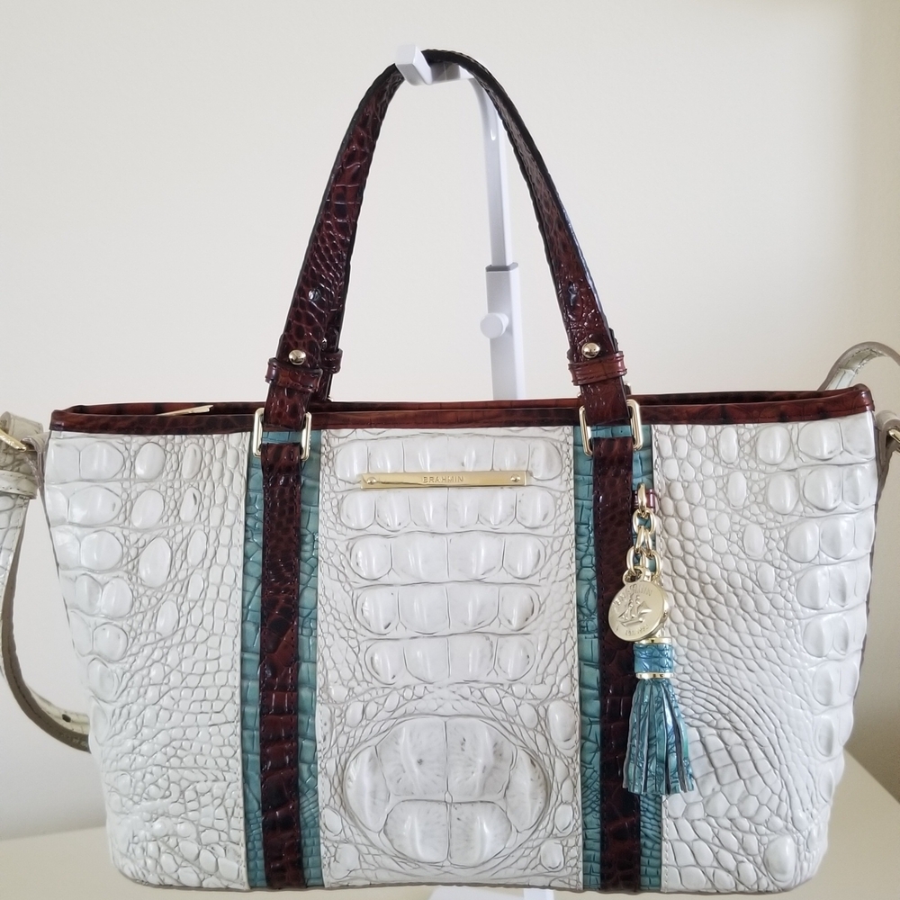 White Croc-Embossed Tote with Teal Trim and Brown Handles